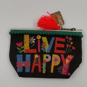 Natural Life Painted Canvas Coin Pouch LIVE HAPPY with tassel multicol…